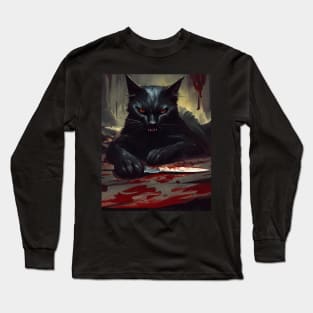 Murderous Black Cat With Knife Halloween Long Sleeve T-Shirt